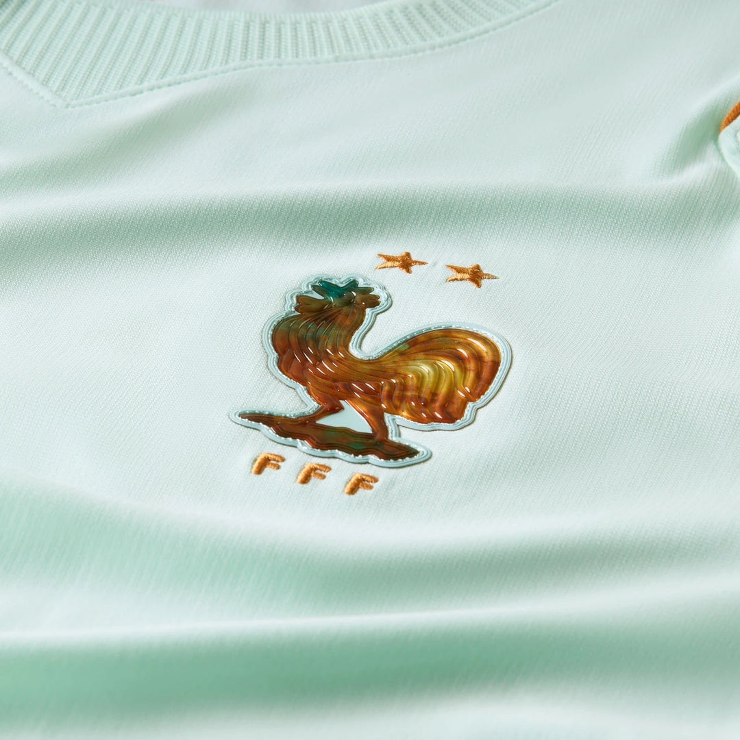 Close-up of France National Team 2026 Stadium Away Green Nike Dri-Fit Men's Soccer Jersey with rooster emblem, two stars,