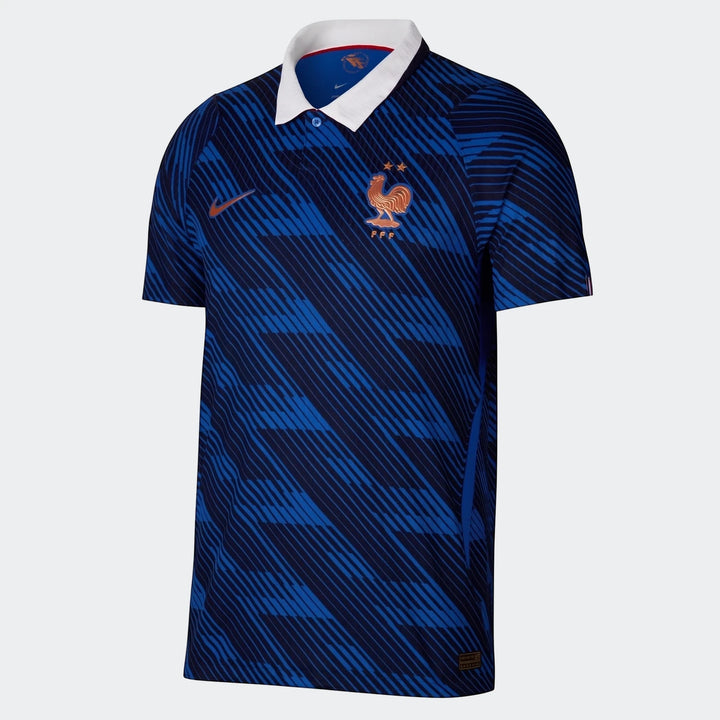 Blue and dark blue striped men's Nike Aero-Fit France National Team 2026 home soccer jersey with white collar and rooster