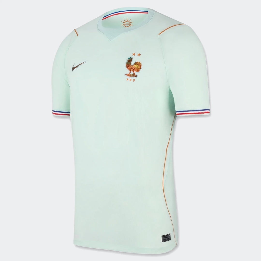 France National Team 2026 Stadium Away Green Men's Nike Dri-Fit Soccer Jersey, front angled view, with FFF crest.