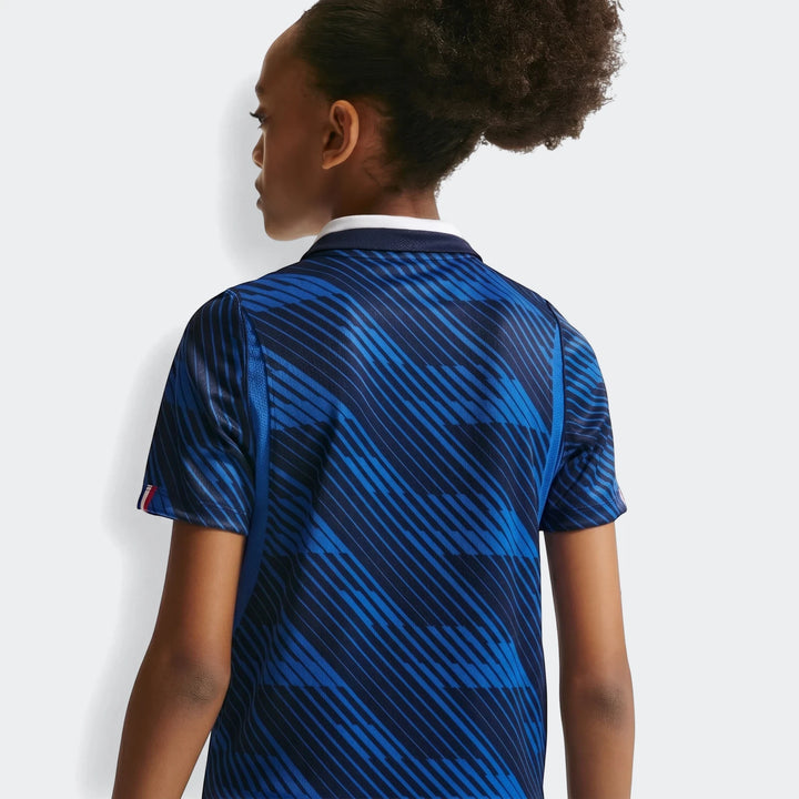 Back view of the France National Team 2026 Stadium Home Blue Big Kids' Nike Dri-Fit Soccer Jersey with a blue and black