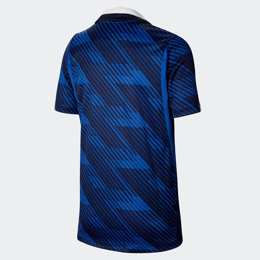 Back view of France National Team 2026 Stadium Home Blue Big Kids' Nike Dri-Fit Soccer Jersey, featuring blue and dark blue