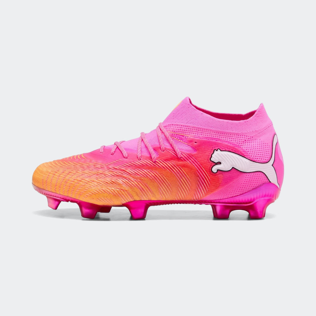 Unisex Puma Future 9 Ultimate FG football boots in vibrant pink and orange gradient, featuring a knitted collar and studs,