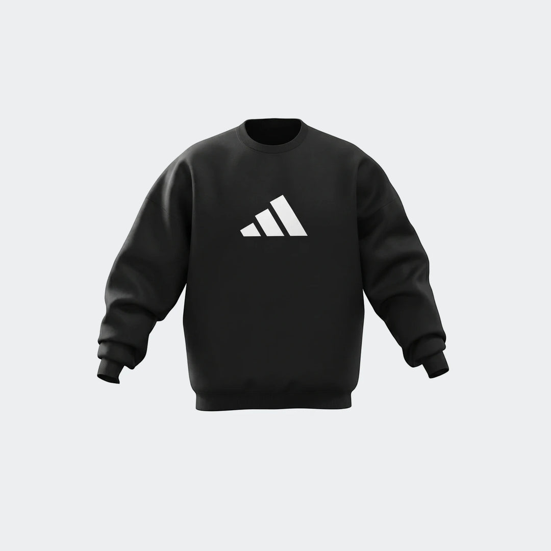 Black Future Icons 3-Bar Crew Sweatshirt with a white logo on the chest, showcasing its design and comfortable fit.