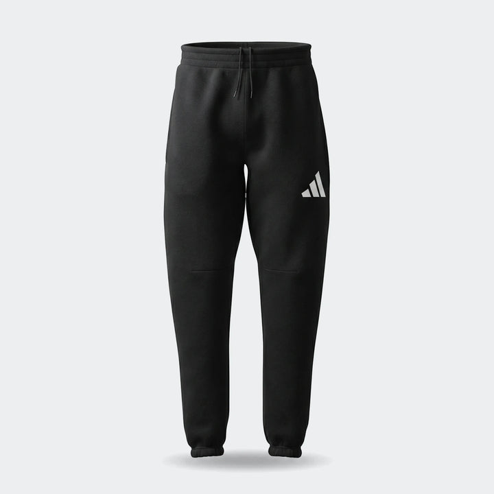 Black Future Icons 3-Bar Pants featuring a white three-bar logo, waist drawstrings, and ribbed cuffs.