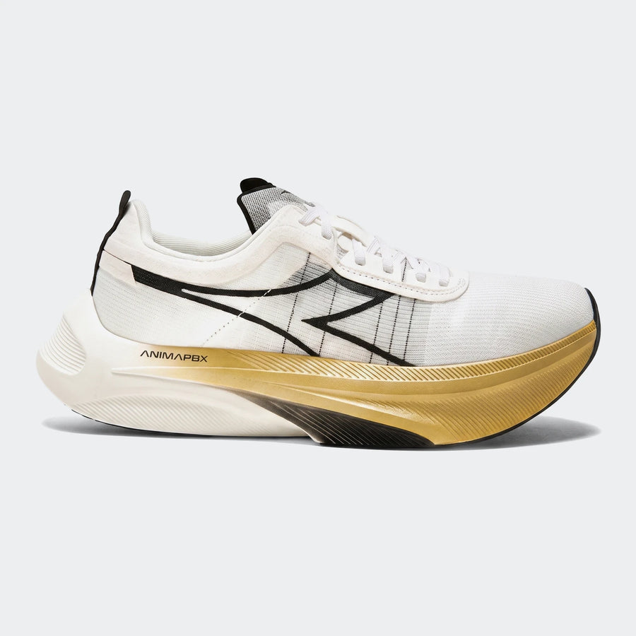 White, black, and gold Gara Carbon running shoe with a thick sculpted sole in a side profile view.