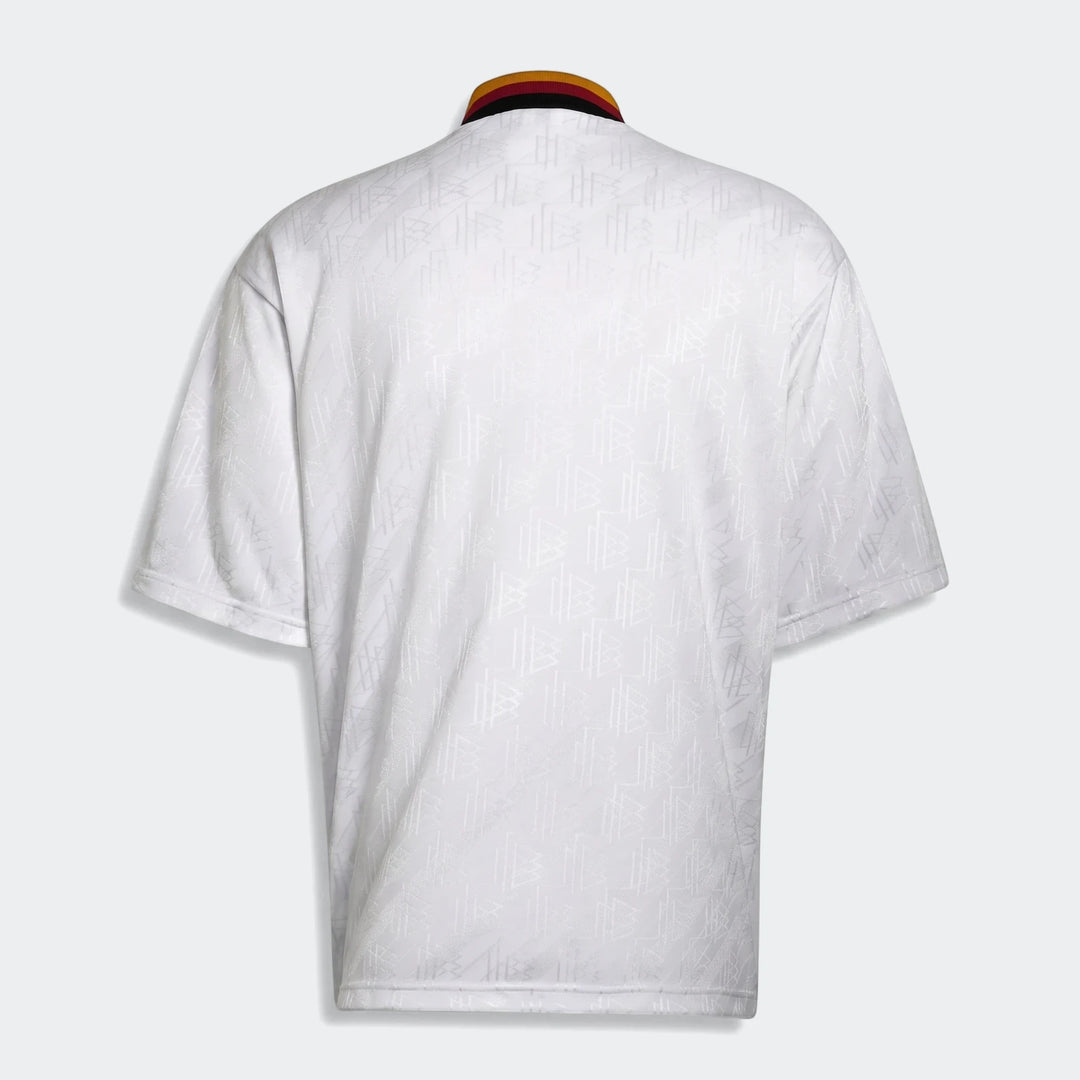 Back view of the Germany 1994 Retro Home Jersey in white with a subtle textured fabric and striped collar.