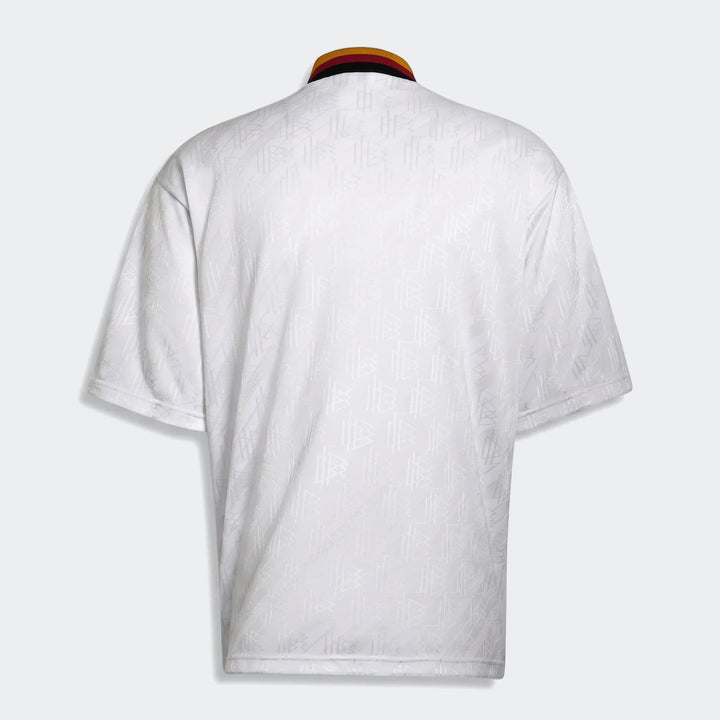 Back view of the Germany 1994 Retro Home Jersey in white with a subtle textured fabric and striped collar.