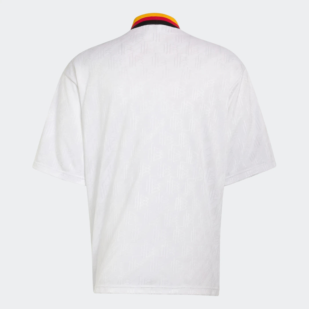 Back view of the white Germany 1994 Retro Home Jersey with black, red, and yellow striped collar and subtle pattern.