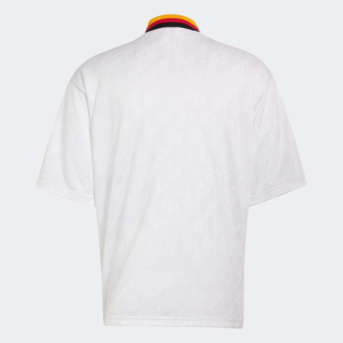Back view of the white Germany 1994 Retro Home Jersey with black, red, and yellow striped collar and subtle pattern.