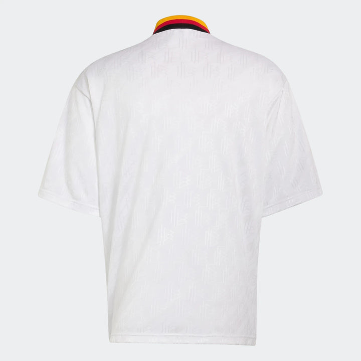 Back view of the white Germany 1994 Retro Home Jersey with black, red, and yellow striped collar and subtle pattern.