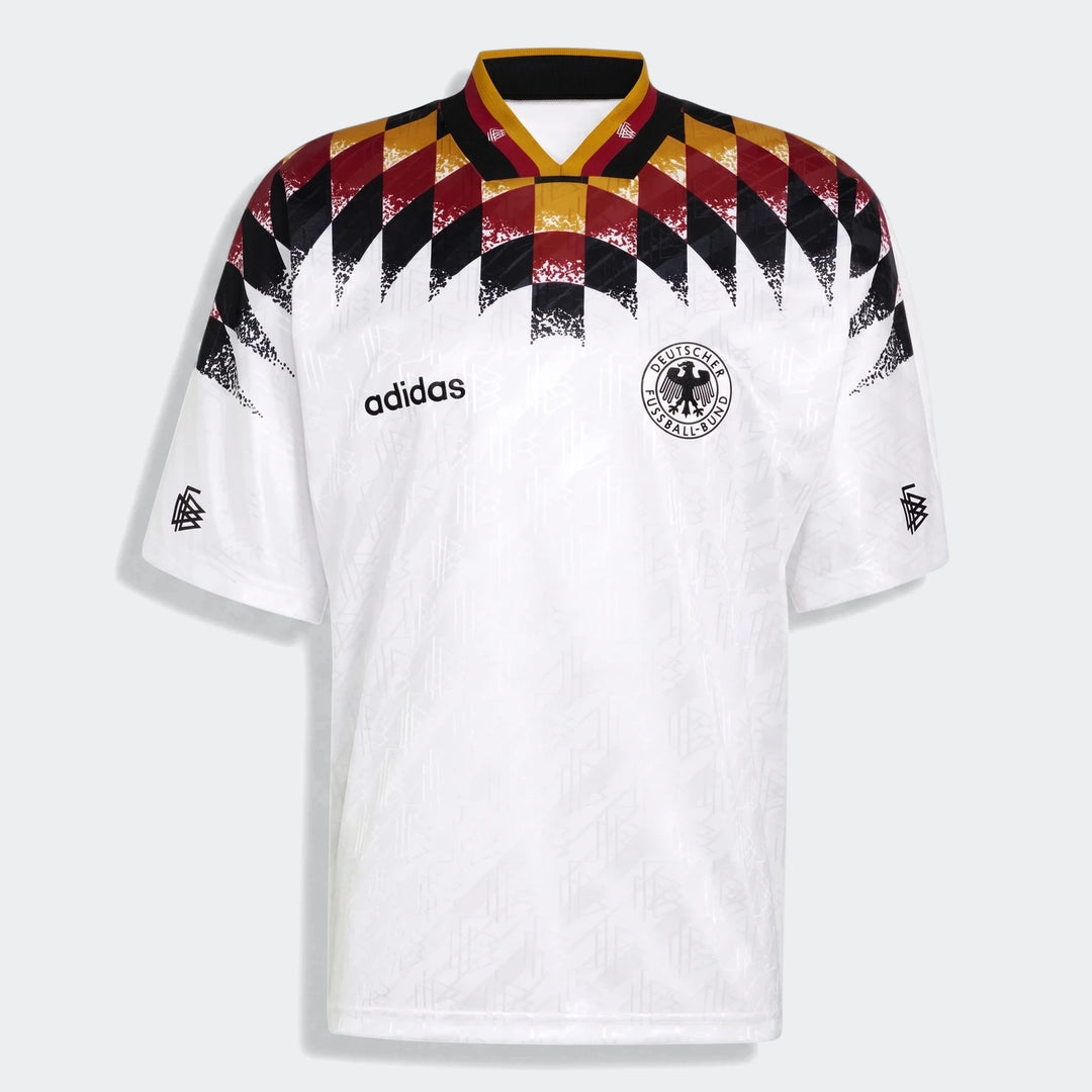 Germany 1994 Retro Home Jersey, white with a distinctive black, red, and gold diamond pattern, featuring Adidas logo and DFB