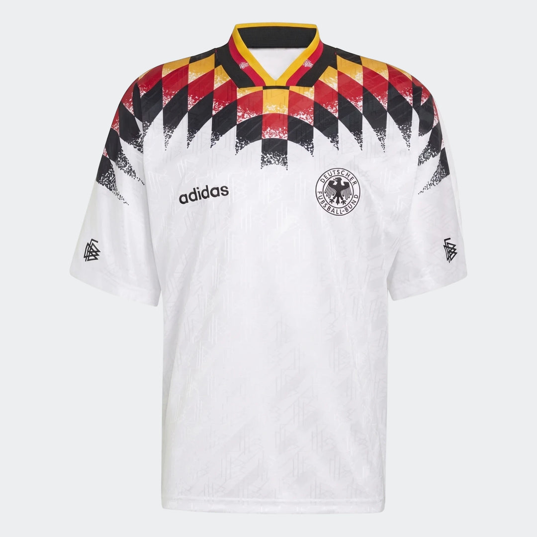 Germany 1994 Retro Home Jersey in white with a black, red, and yellow diamond pattern on the shoulders and collar, front