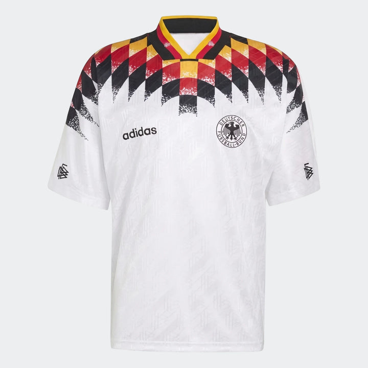 Germany 1994 Retro Home Jersey in white with a black, red, and yellow diamond pattern on the shoulders and collar, front