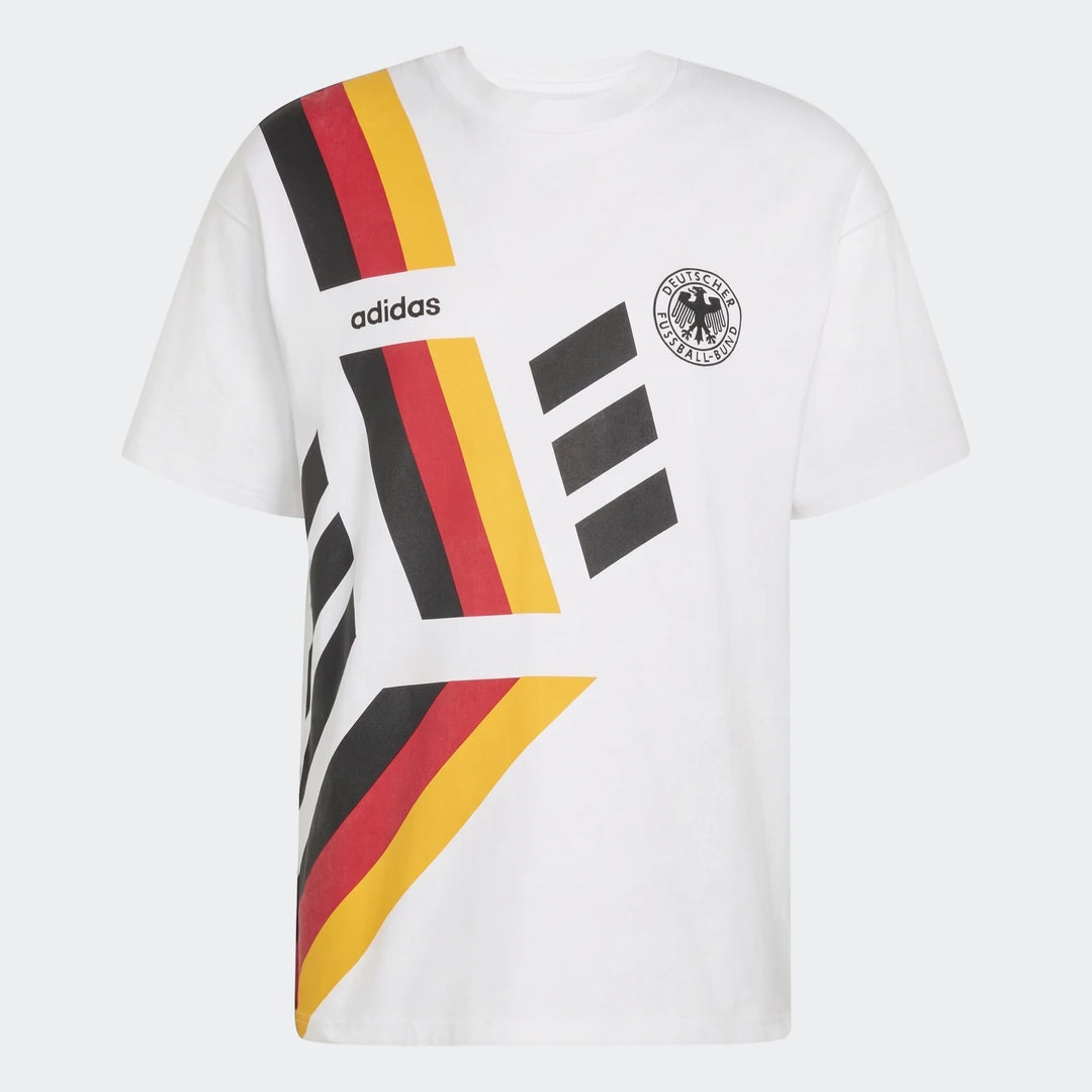 White short-sleeve Germany 1994 T-shirt by Adidas, with black, red, yellow flag stripes and DFB eagle logo, front view.