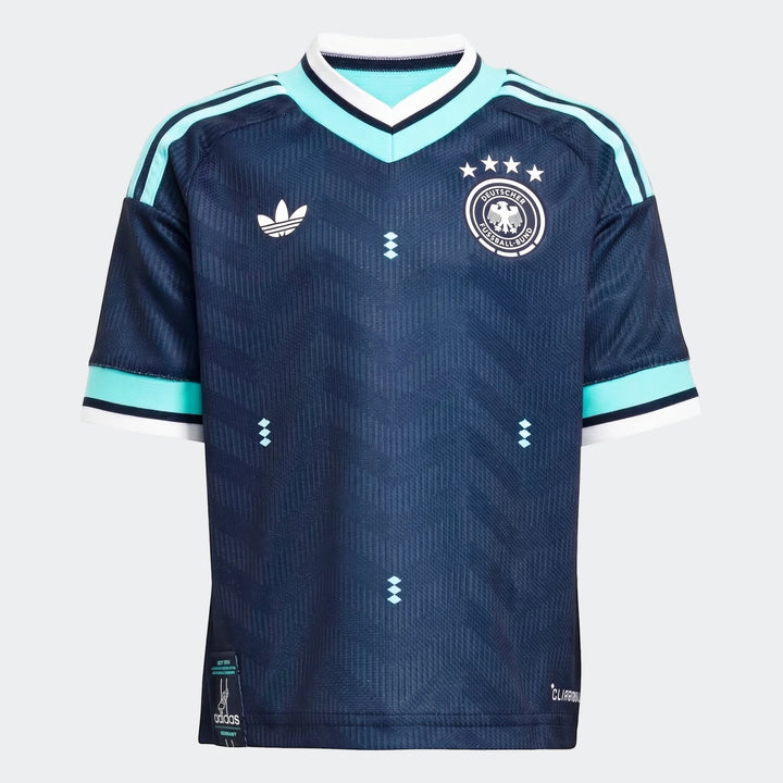 Germany 25/26 Away Mini Kit dark navy blue soccer jersey, front view, with white Adidas Trefoil, DFB crest, and light blue