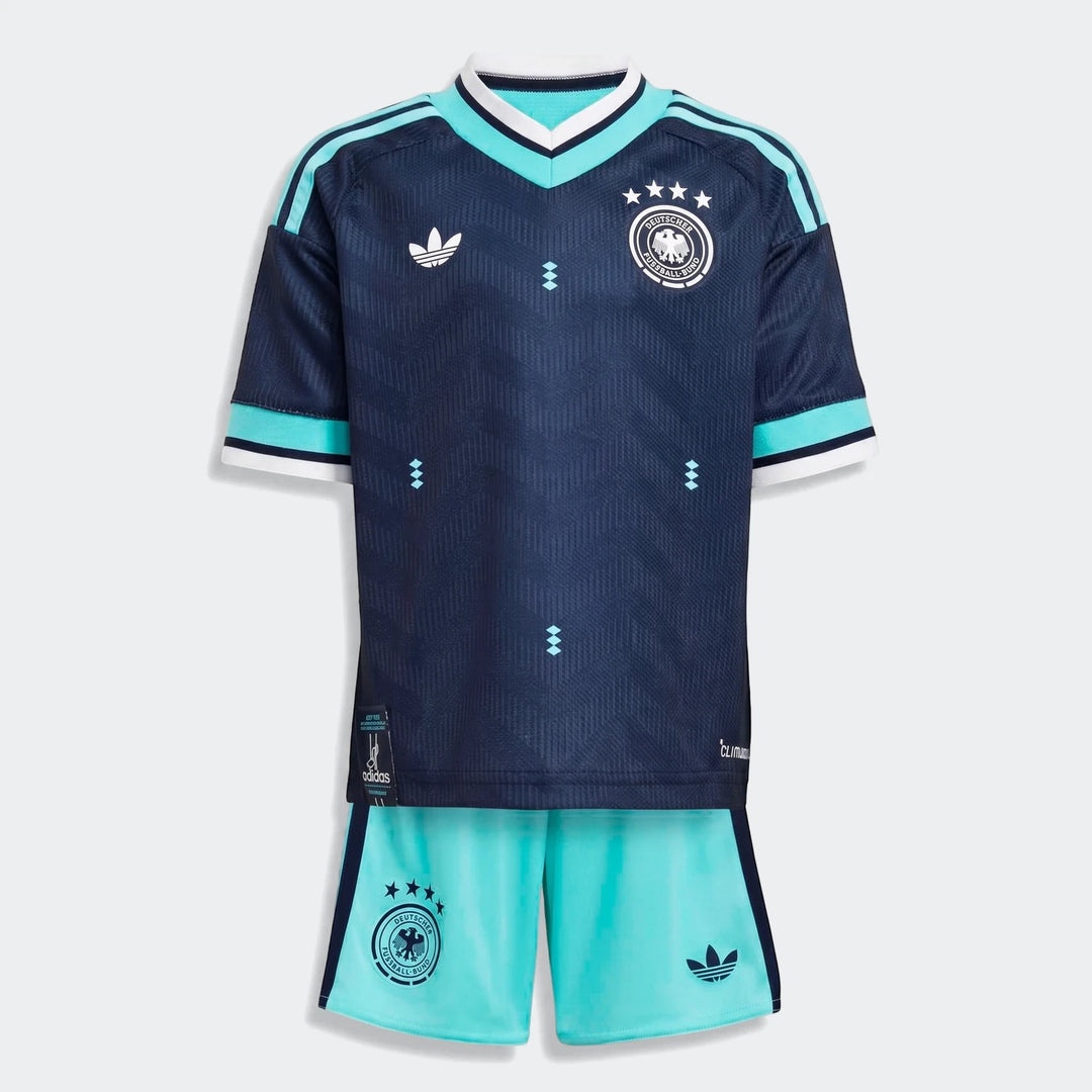 Germany 25/26 Away Mini Kit, featuring a navy blue jersey with teal stripes and crest, paired with matching teal shorts,