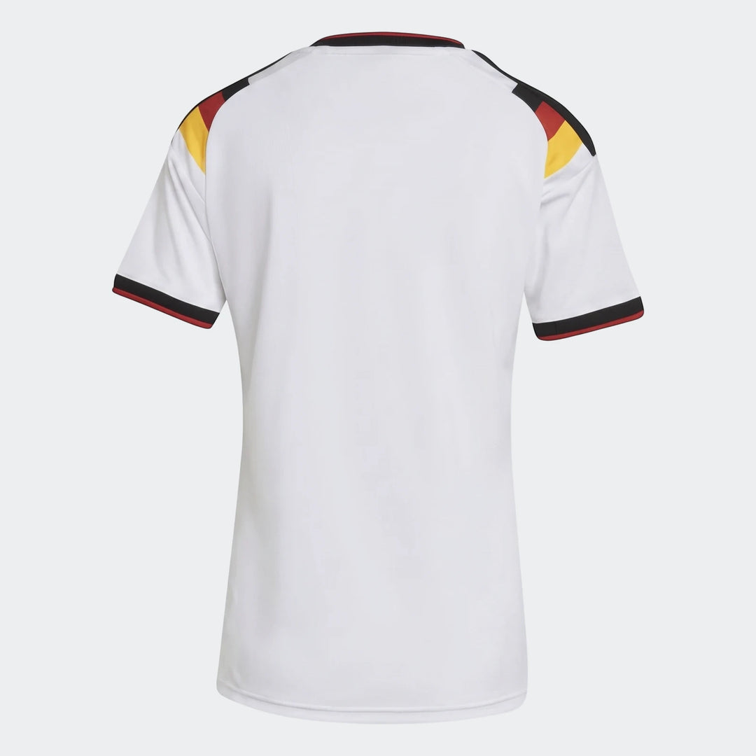 Women's Germany 25/26 home jersey in white, featuring black, red, and yellow accents on the shoulders and cuffs, shown from
