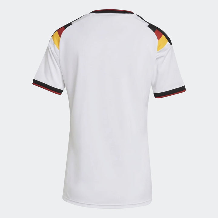 Women's Germany 25/26 home jersey in white, featuring black, red, and yellow accents on the shoulders and cuffs, shown from