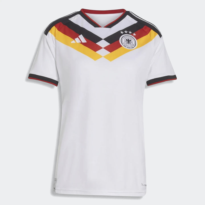 Germany 25/26 Home Jersey Women's, white, with black, red, and yellow chevron stripes and team crest.