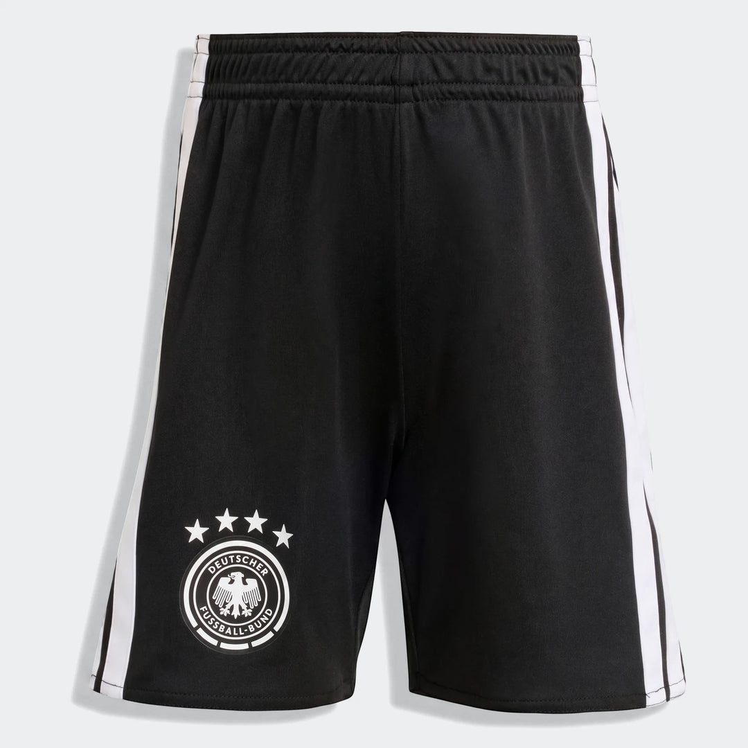 Germany 25/26 Home Mini Kit black soccer shorts with white side stripes and the official German Football Association crest.