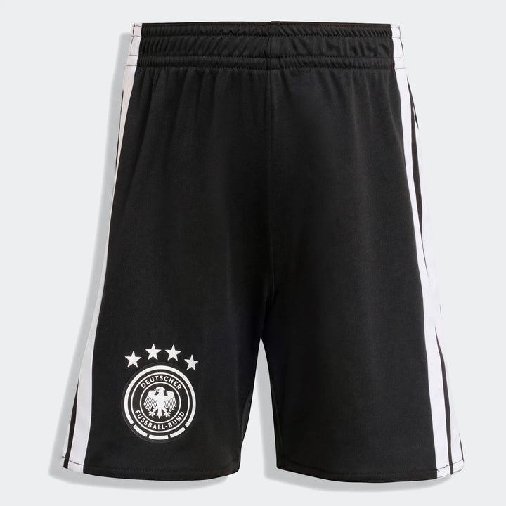 Germany 25/26 Home Mini Kit black soccer shorts with white side stripes and the official German Football Association crest.