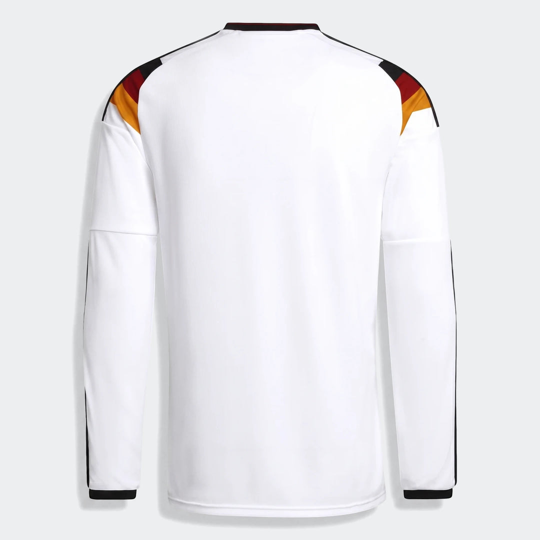 Germany 25/26 Long Sleeve Home Jersey, white with black, red, and yellow shoulder stripes, shown from the back view.