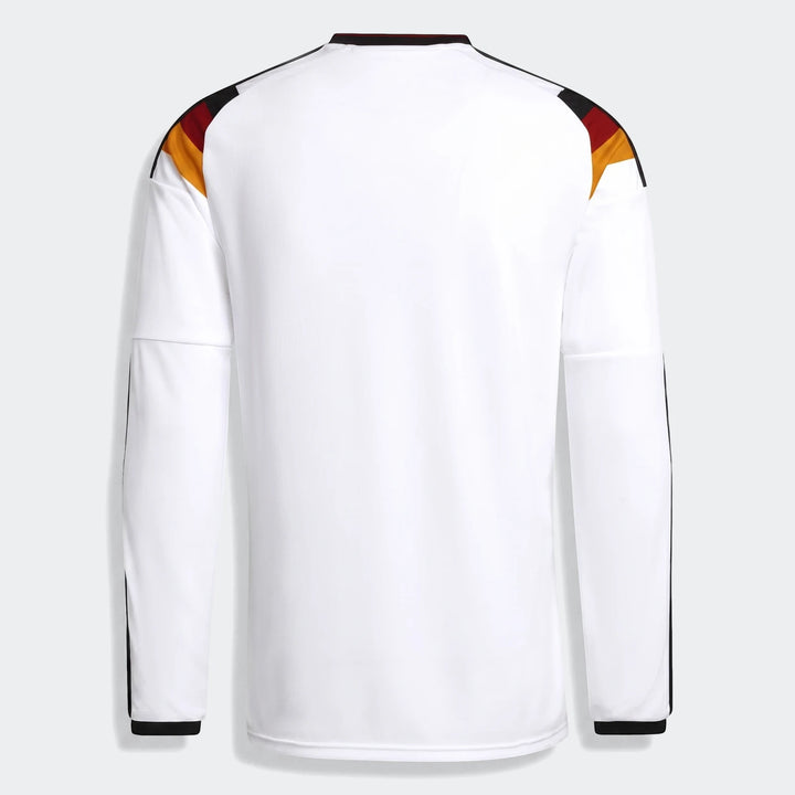 Germany 25/26 Long Sleeve Home Jersey, white with black, red, and yellow shoulder stripes, shown from the back view.