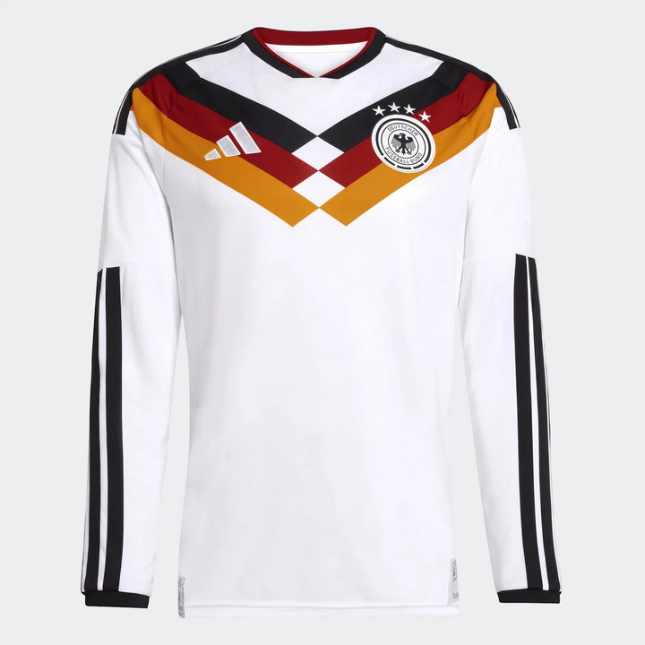 Adidas Germany 25/26 white long sleeve home soccer jersey, featuring a red, black, and gold chevron design and national team
