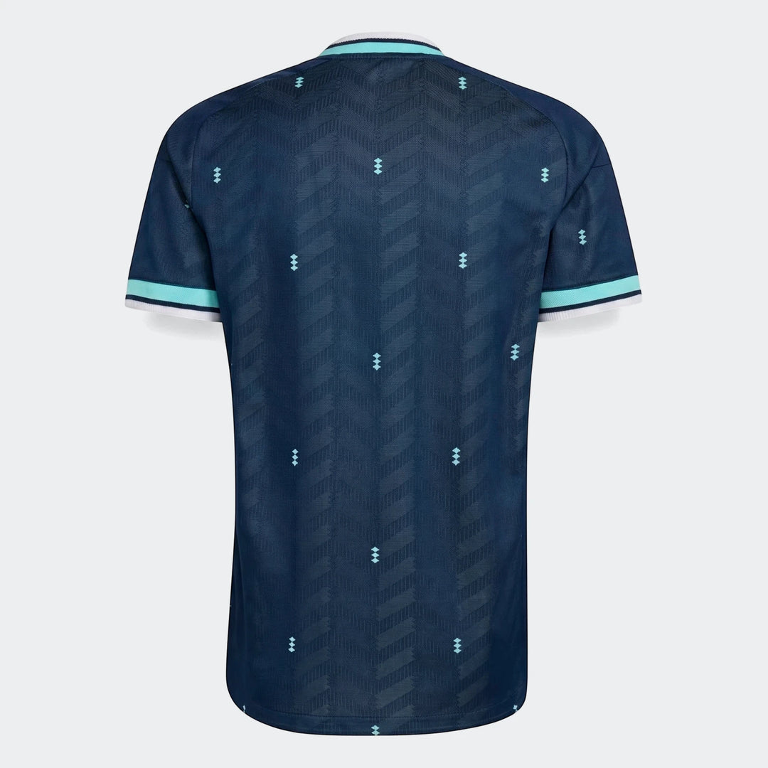 Germany 26 Away Authentic Jersey for men, dark blue with subtle chevron pattern, short-sleeve, shown from the back.