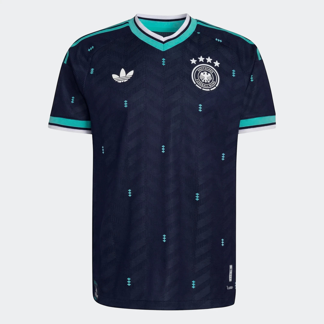 Front view of the Germany 26 Away Authentic Jersey in dark blue with teal accents, featuring the Adidas logo and national