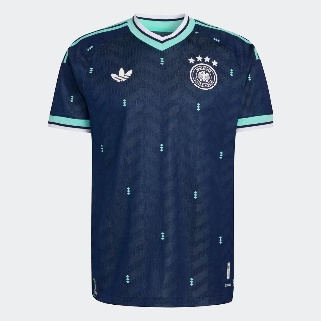 Dark blue Germany 26 Away Authentic Jersey with mint green v-neck and striped cuffs, featuring the Adidas logo and national