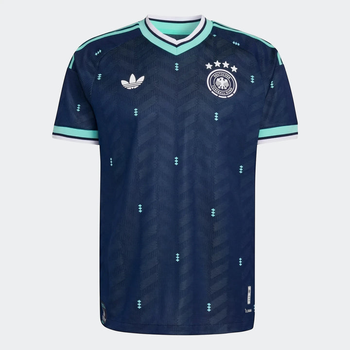 Dark blue Germany 26 Away Authentic Jersey with mint green v-neck and striped cuffs, featuring the Adidas logo and national