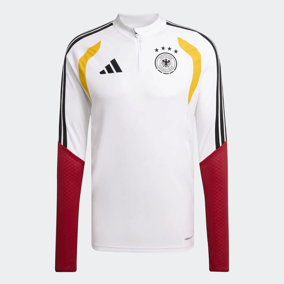 Germany 26 Tiro Training Top in white with red and yellow accents, featuring the Adidas logo and national team crest, front