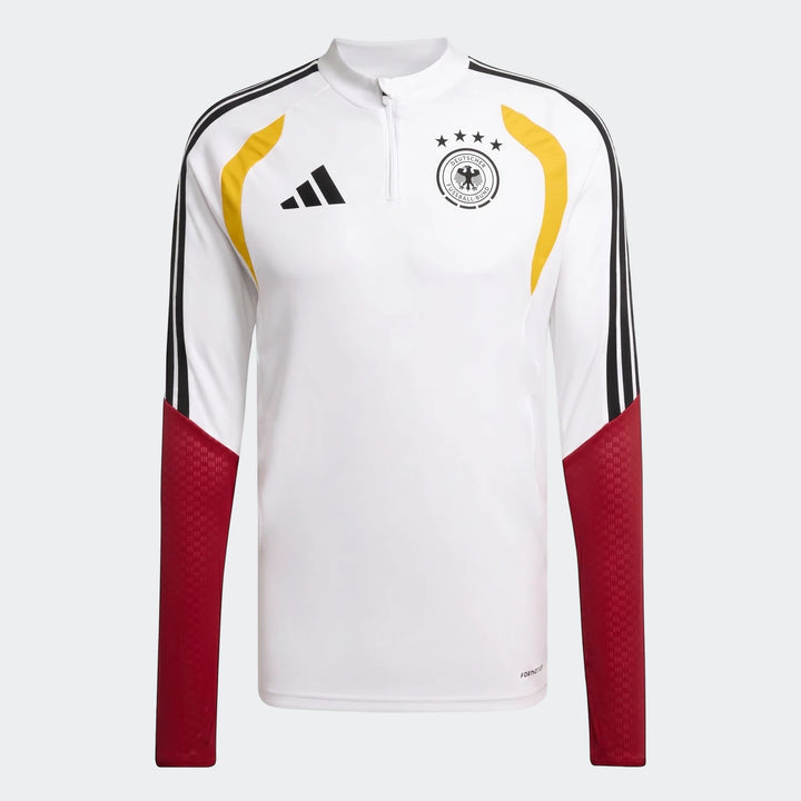 Germany 26 Tiro Training Top in white with red and yellow accents, featuring the Adidas logo and national team crest, front