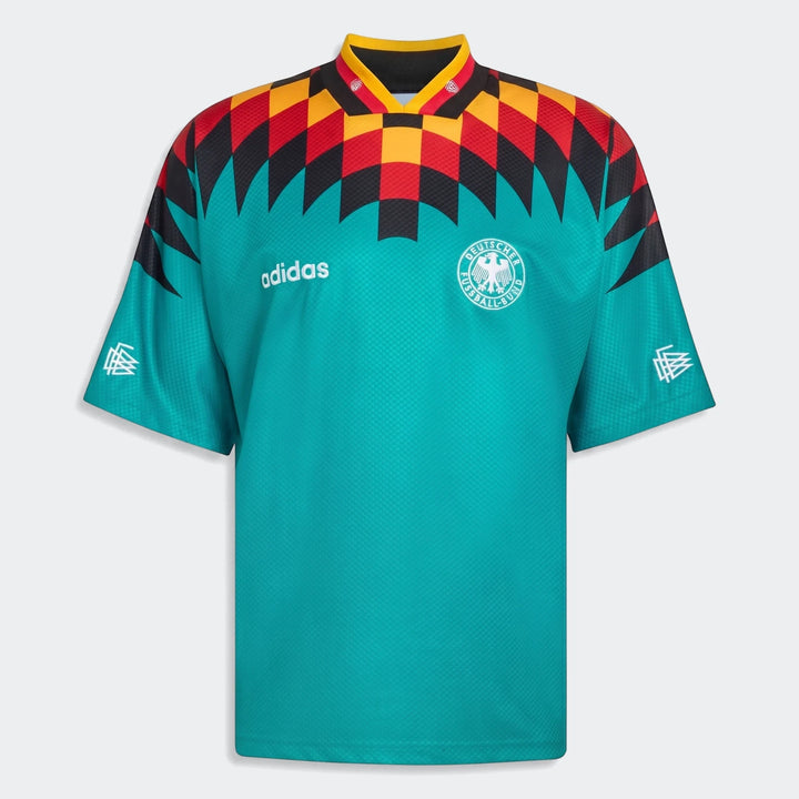 Germany Away Jersey 1994, a short-sleeve teal football shirt featuring a black, red, and yellow checkered pattern on the
