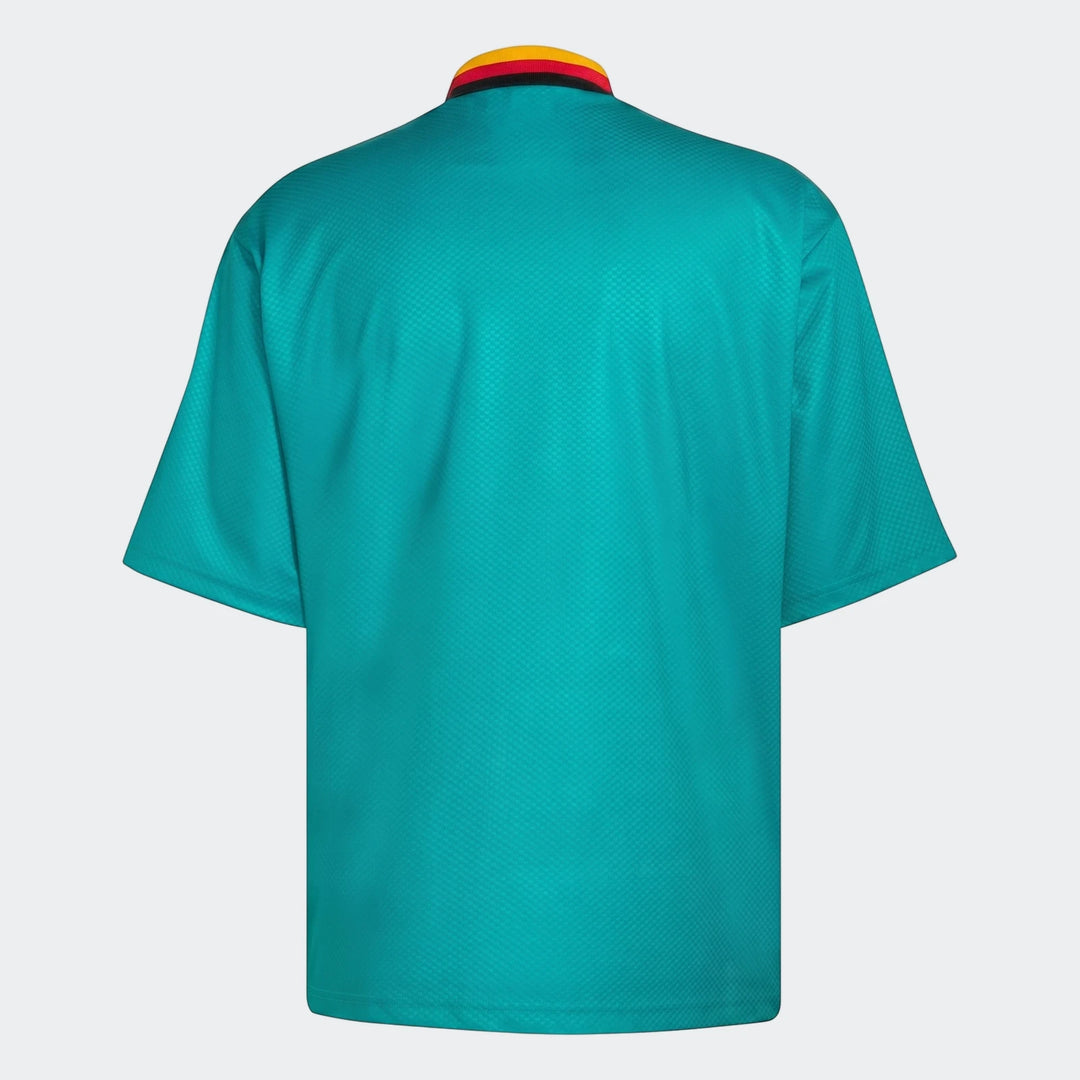 Germany Away Jersey 1994, teal short-sleeved with a red, black, and yellow striped collar, back view.