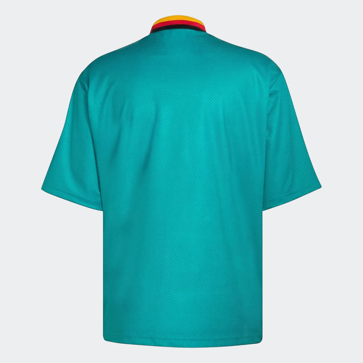 Germany Away Jersey 1994, teal short-sleeved with a red, black, and yellow striped collar, back view.