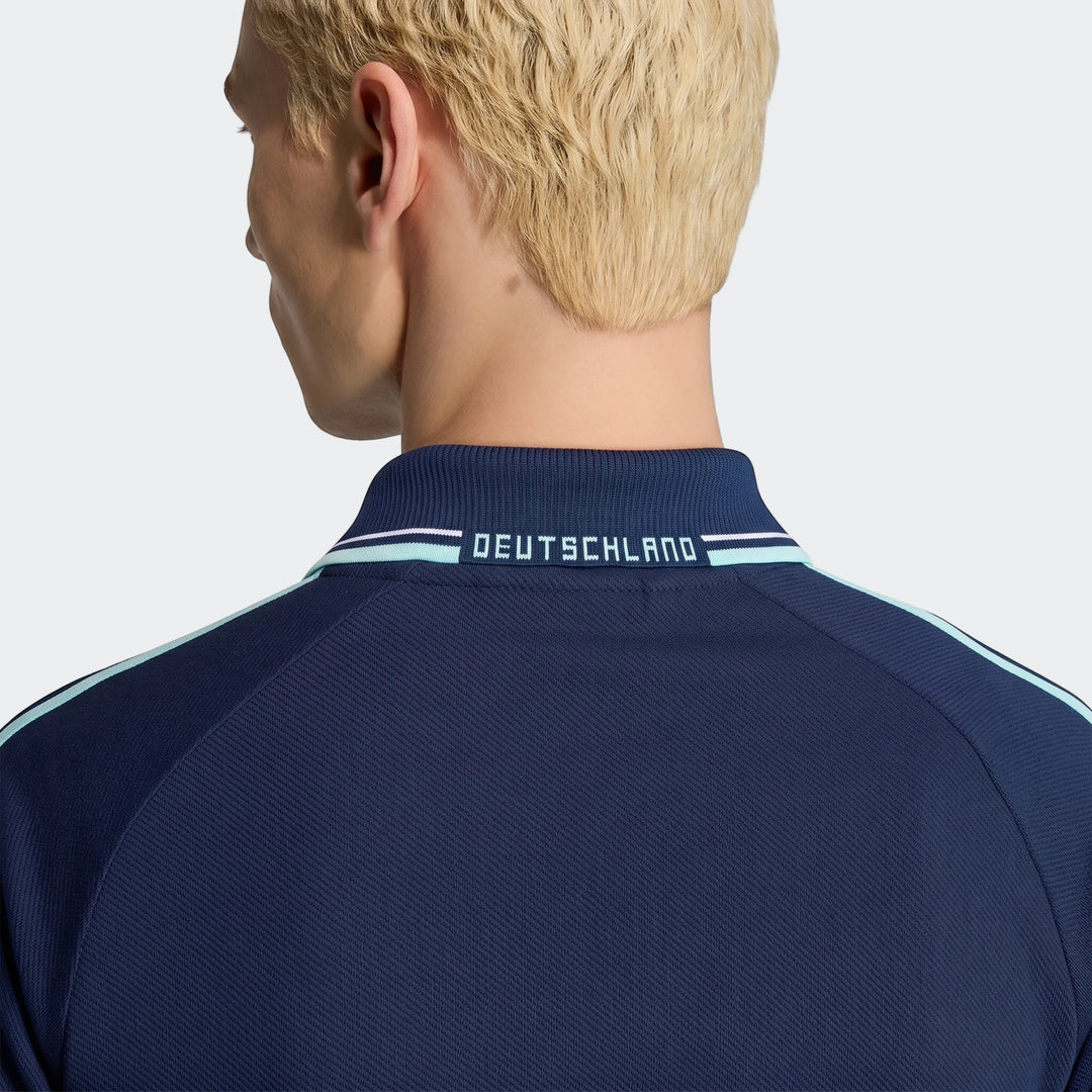 Back view of the navy Germany Away Originals Jacket, featuring a ribbed polo collar with white and light blue stripes and