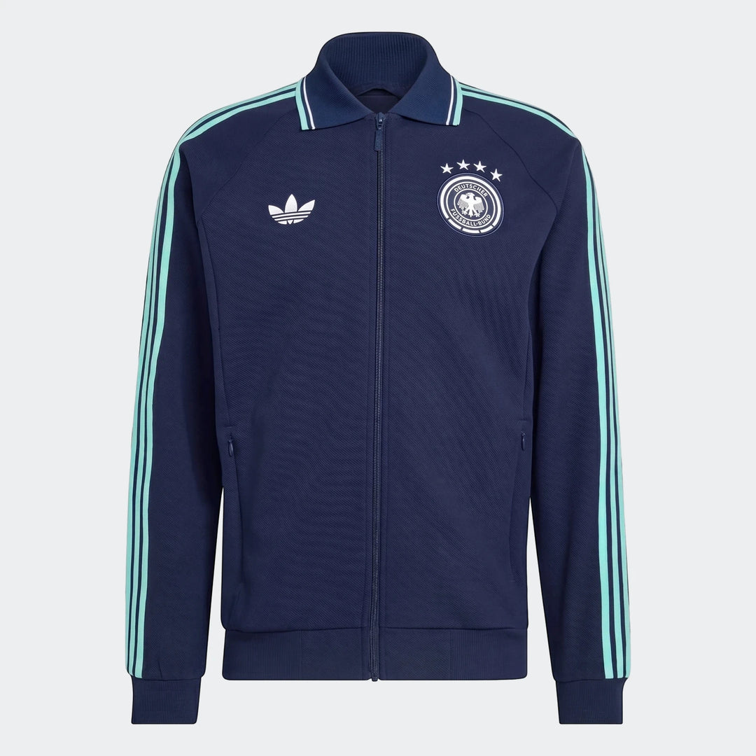 Navy blue Adidas Germany Away Originals full-zip track jacket with light blue stripes and DFB crest, front view.
