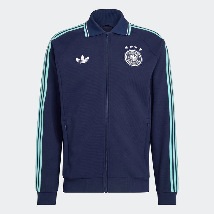 Navy blue Adidas Germany Away Originals full-zip track jacket with light blue stripes and DFB crest, front view.
