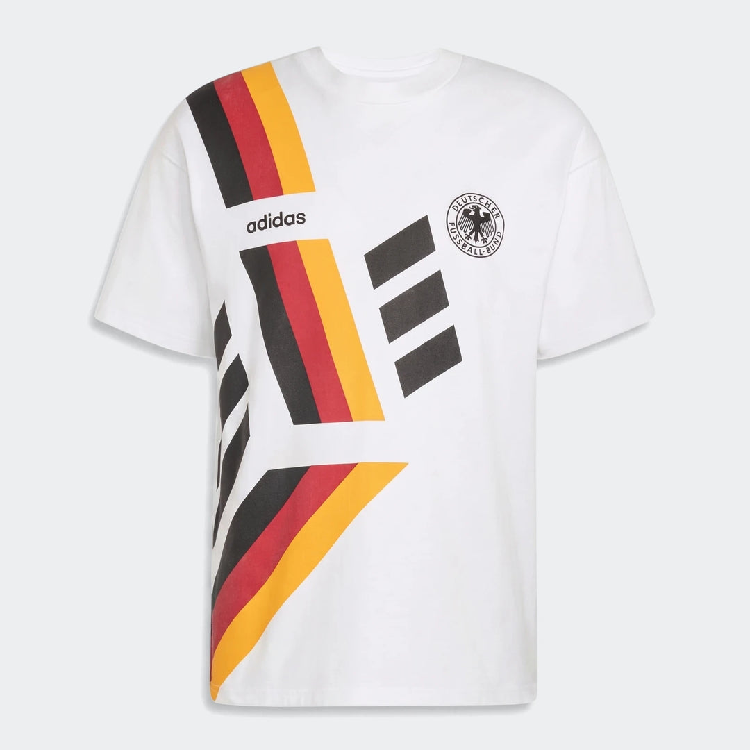 Germany T-Shirt 1994, white with black, red, and yellow diagonal stripes and Adidas logo, front view.