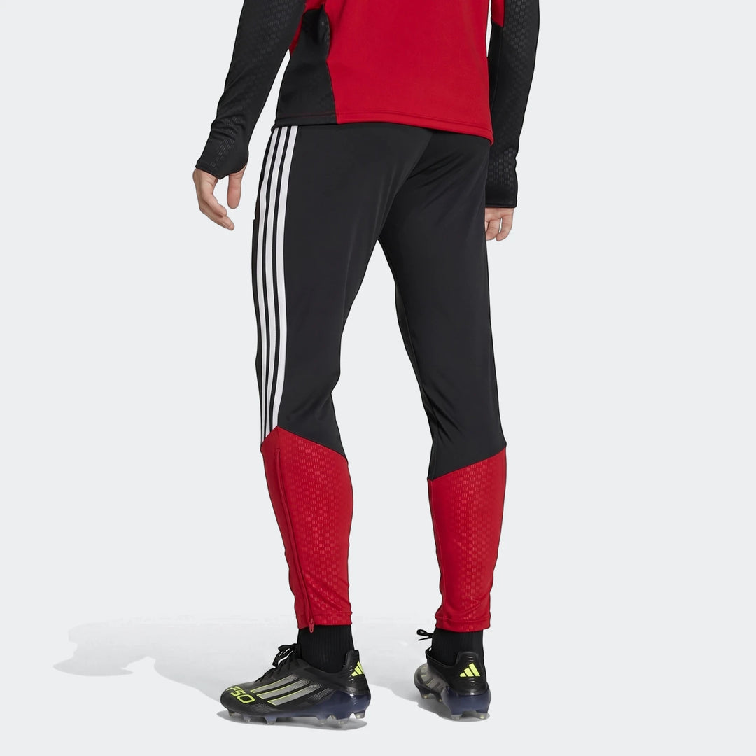 Men's black Adidas Germany training pants with red lower leg panels and white stripes, worn by a model from behind.