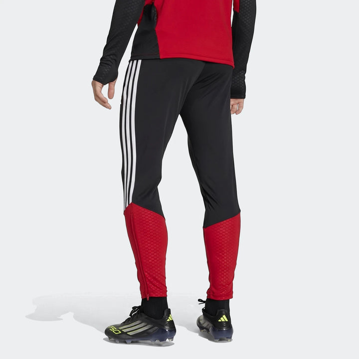 Men's black Adidas Germany training pants with red lower leg panels and white stripes, worn by a model from behind.