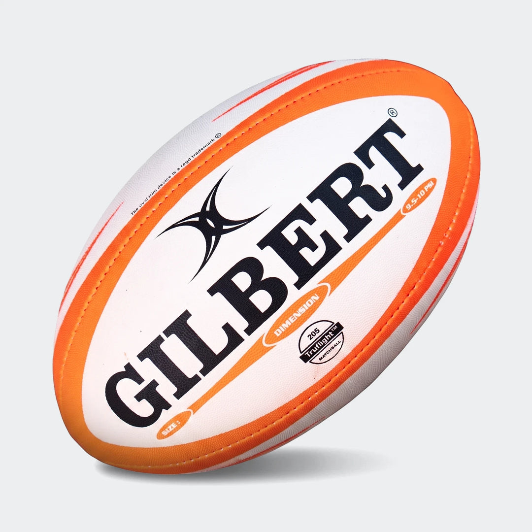 White and orange Gilbert Dimension Match Rugby Ball size 5, made from durable synthetic leather, shown from an angled