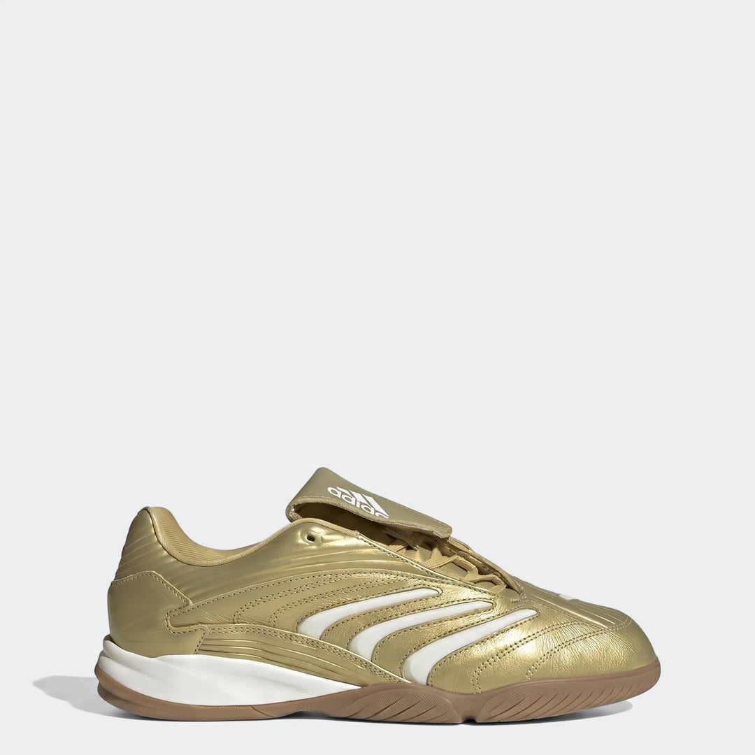 Gold Adidas Predator Sala Indoor Football Boots with white stripes and a gum rubber sole, viewed from the side.