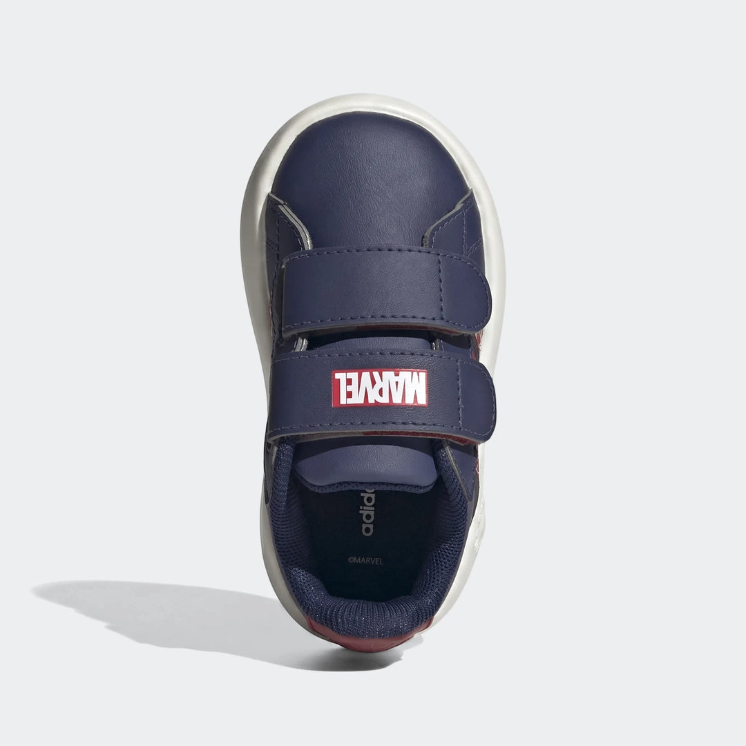 Kids navy blue Grand Court Spider-Man Cloudfoam shoes with two velcro straps, shown from a top-down perspective.