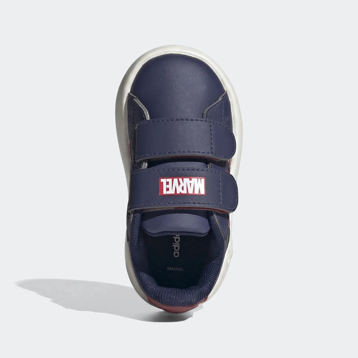 Kids navy blue Grand Court Spider-Man Cloudfoam shoes with two velcro straps, shown from a top-down perspective.