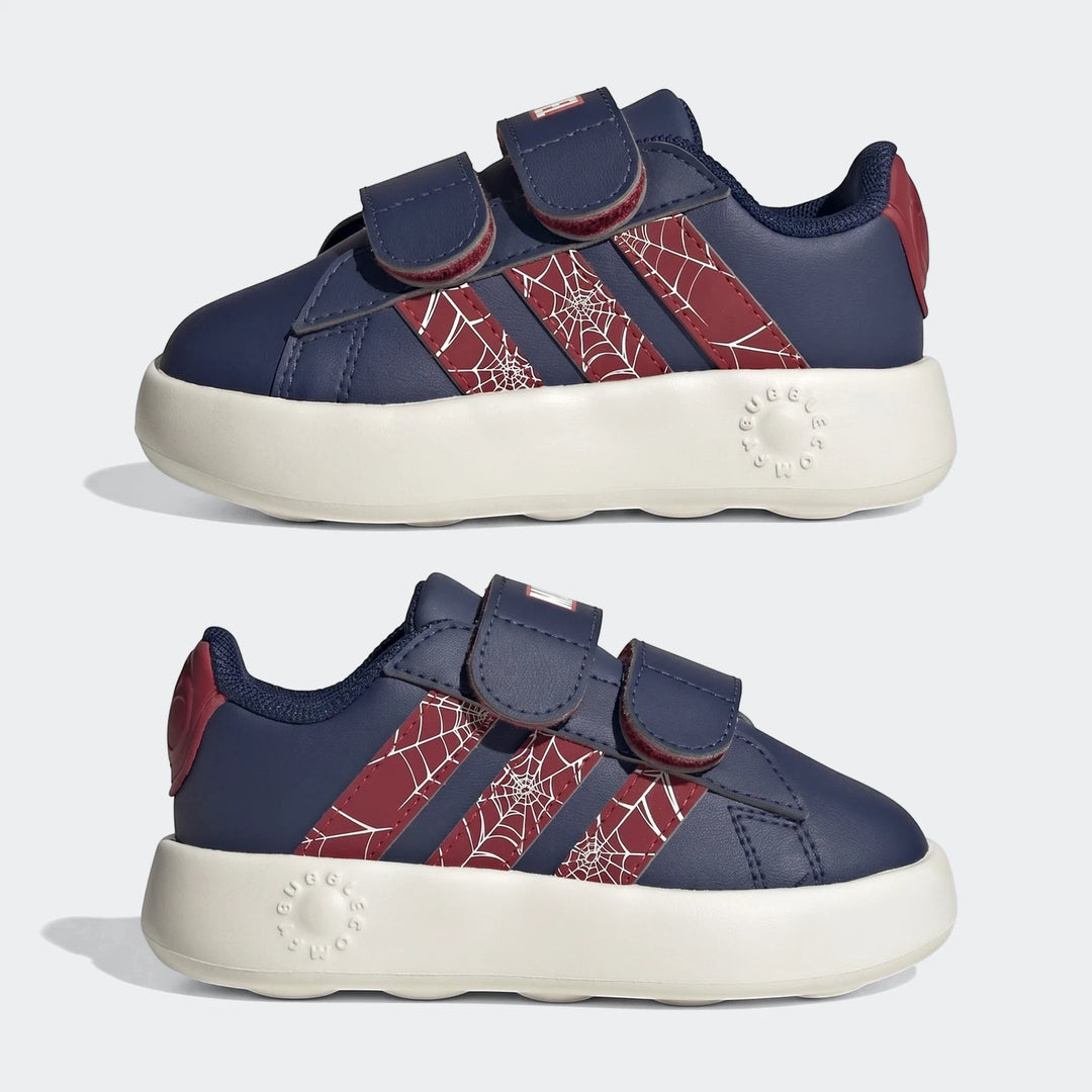 Navy blue and red Adidas Grand Court Spider-Man Cloudfoam Kids shoes with spiderweb stripes and hook-and-loop straps.