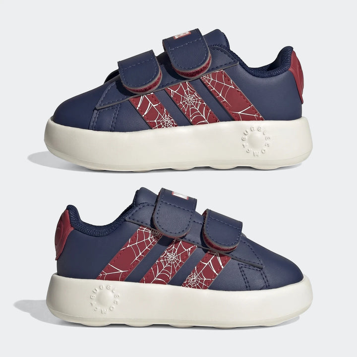 Navy blue and red Adidas Grand Court Spider-Man Cloudfoam Kids shoes with spiderweb stripes and hook-and-loop straps.