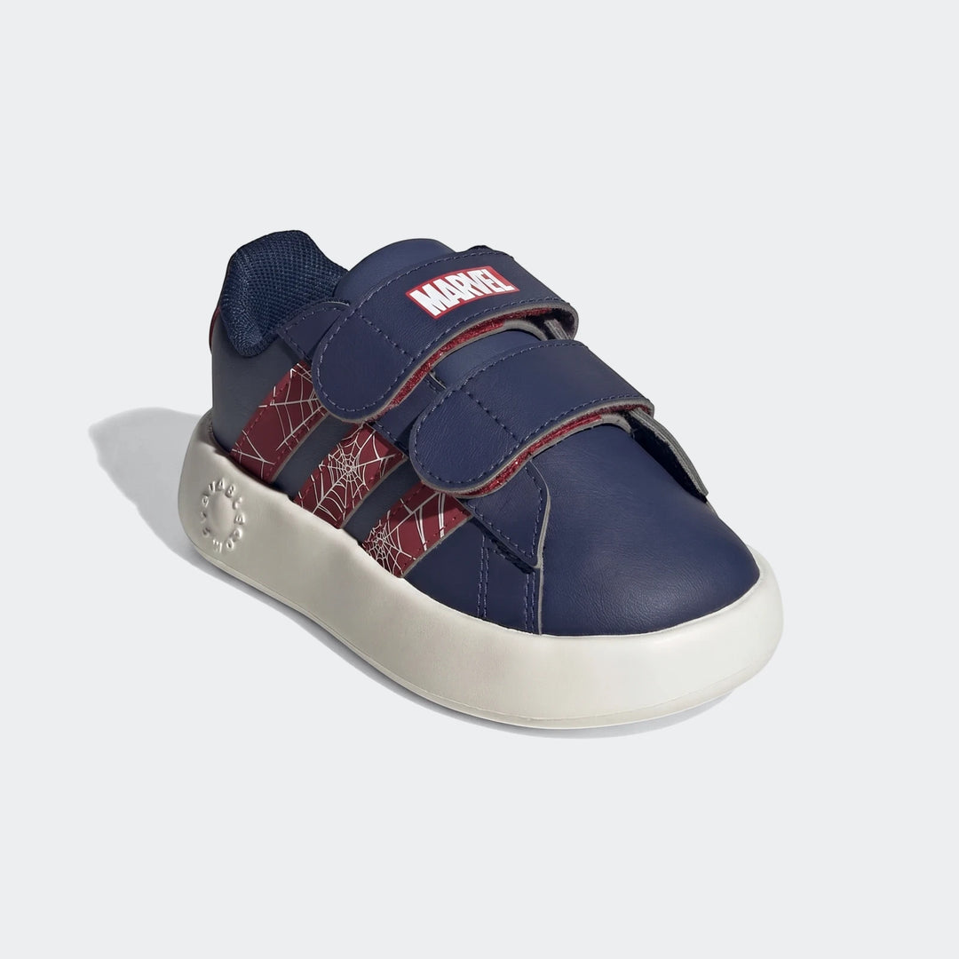Navy blue Grand Court Spider-Man Cloudfoam kids' shoes with red web stripes and velcro straps, seen from a side angle.